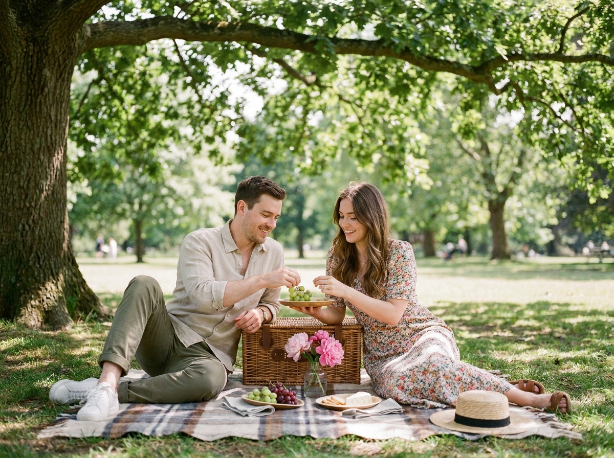 Couple élégamment habillé partageant un pique-nique raffiné avec panier en osier, vaisselle en bambou et fleurs fraîches dans un parc verdoyant