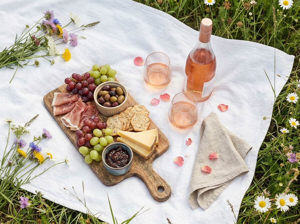 Vue aérienne d'un pique-nique élégant avec charcuterie, fromages, raisins et rosé disposés sur une couverture blanche dans une prairie