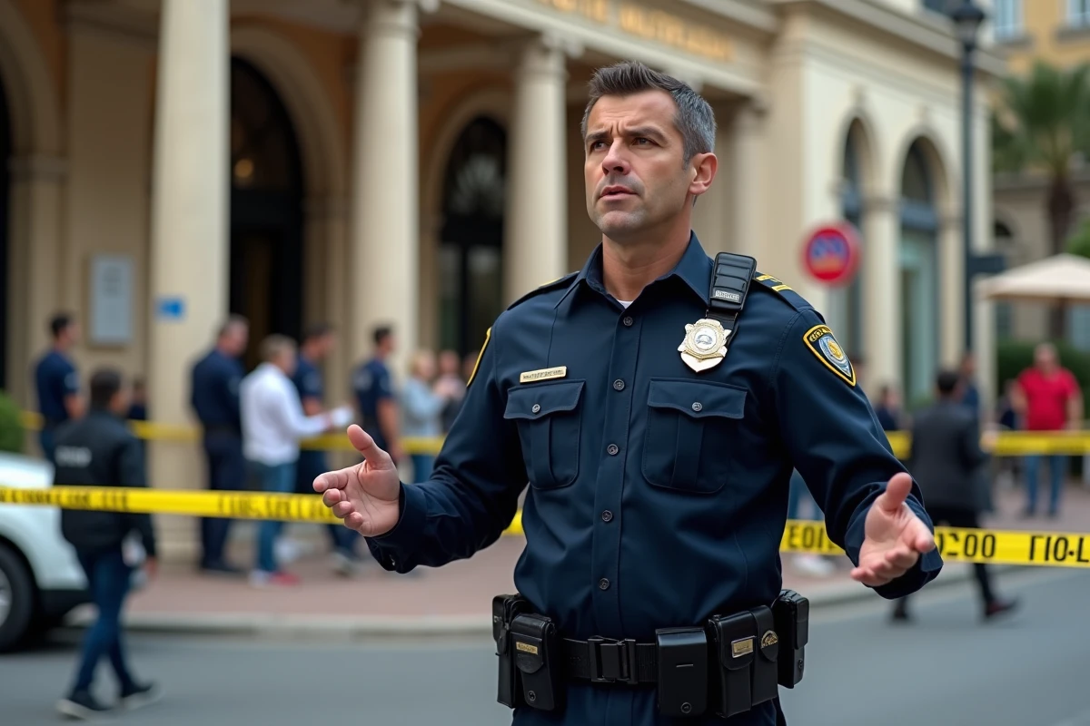 Policier français établissant un périmètre de sécurité devant un hôtel de Cannes lors d'une alerte à la bombe pendant le festival