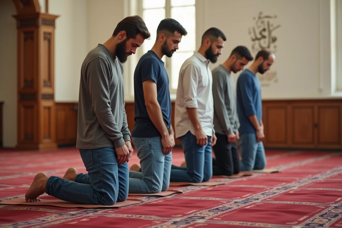 Groupe d'hommes en prosternation lors de la prière collective dans une salle de prière à Compiègne
