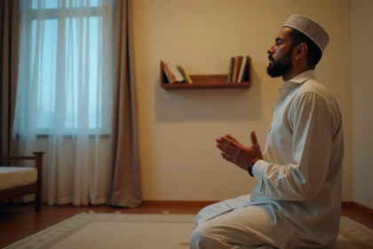 Homme effectuant la prière du Fajr sur un tapis de prière dans une chambre à coucher modeste avant l'aube