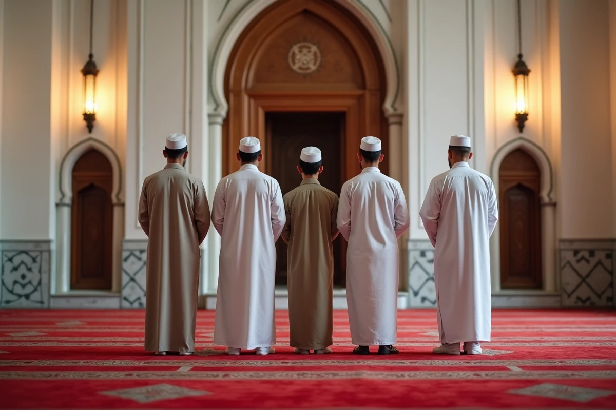 Rangée d'hommes priant ensemble la prière du Fajr à l'intérieur d'une mosquée traditionnelle au décor islamique