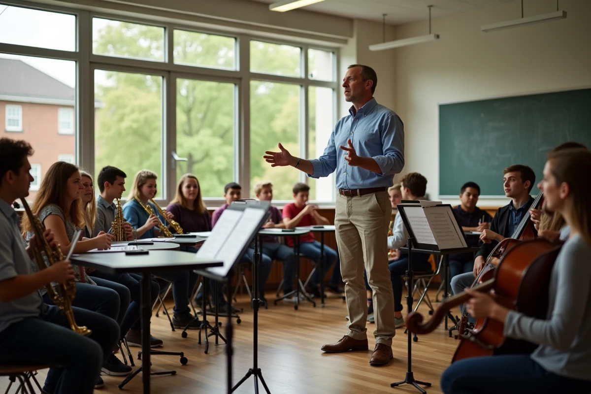 Professeur de musique guidant des jeunes dans une classe en plein air