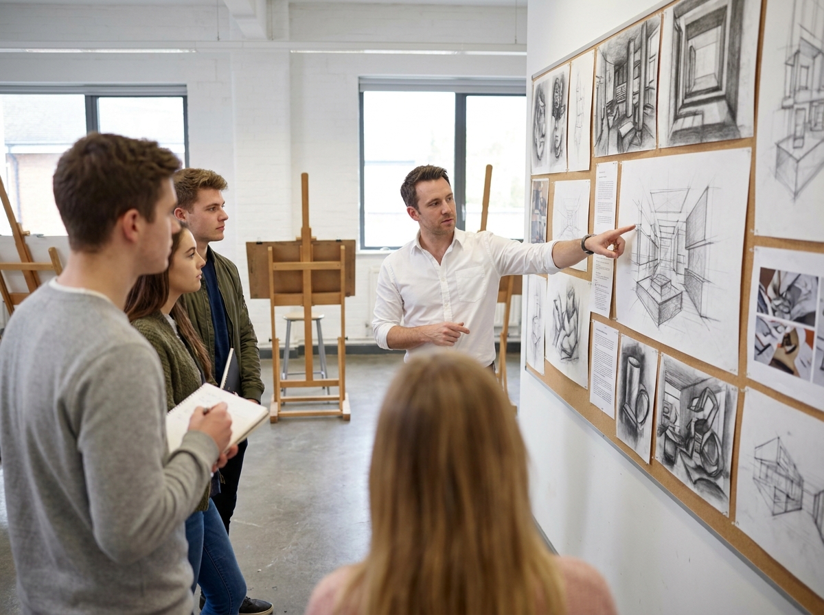 Professeur de prépa concours expliquant des croquis affichés au tableau dans une école d'art