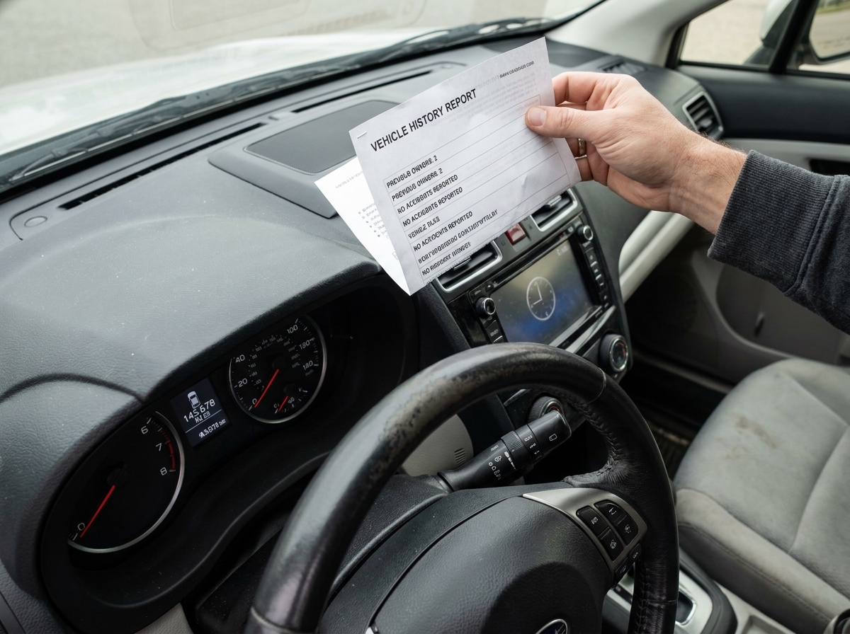 Rapport historique d'un véhicule d'occasion posé sur le tableau de bord d'une voiture familiale