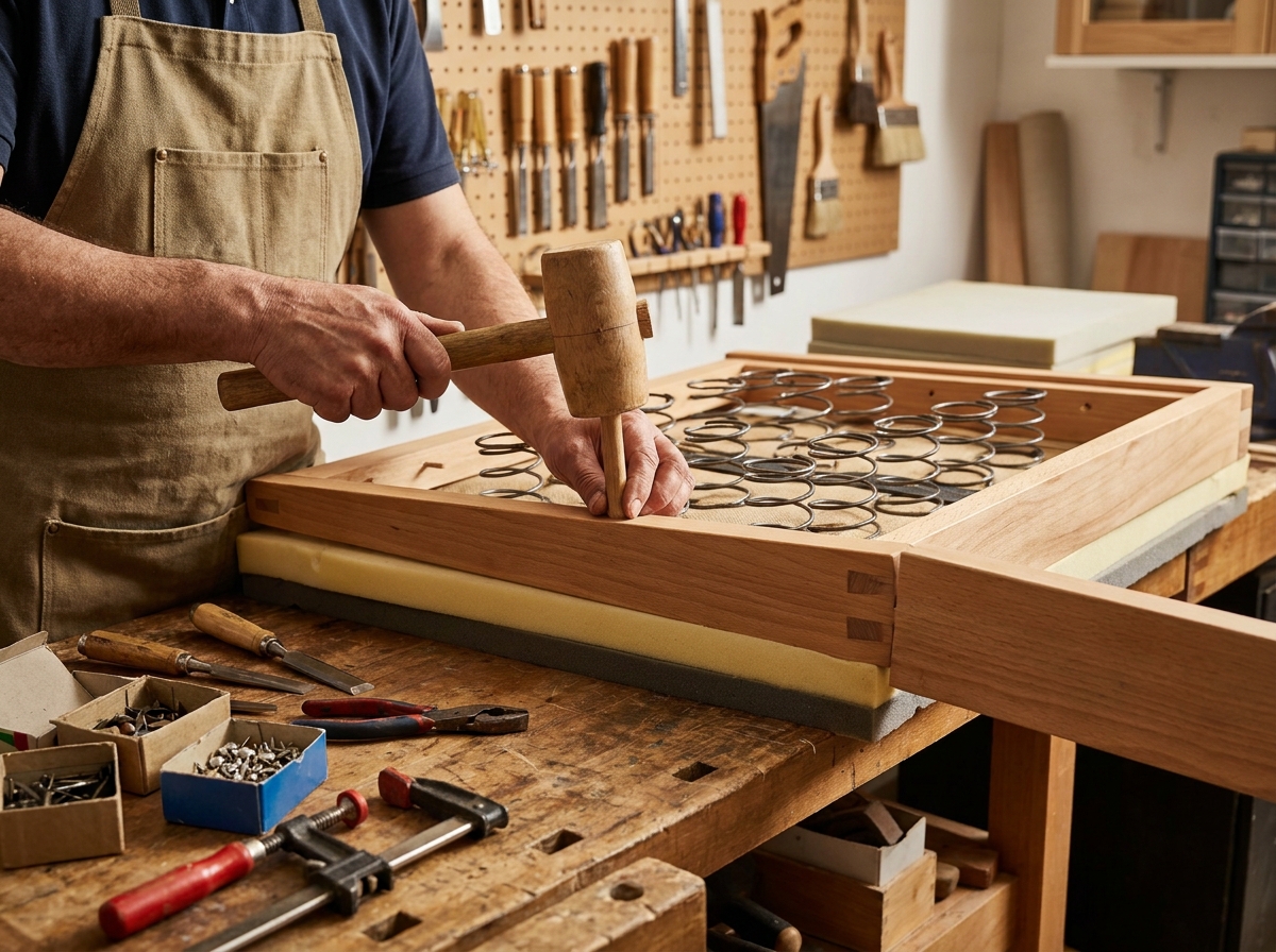 Artisan réparant la structure en bois massif d'un canapé dans un atelier d'ébénisterie traditionnel avec outils de tapisserie