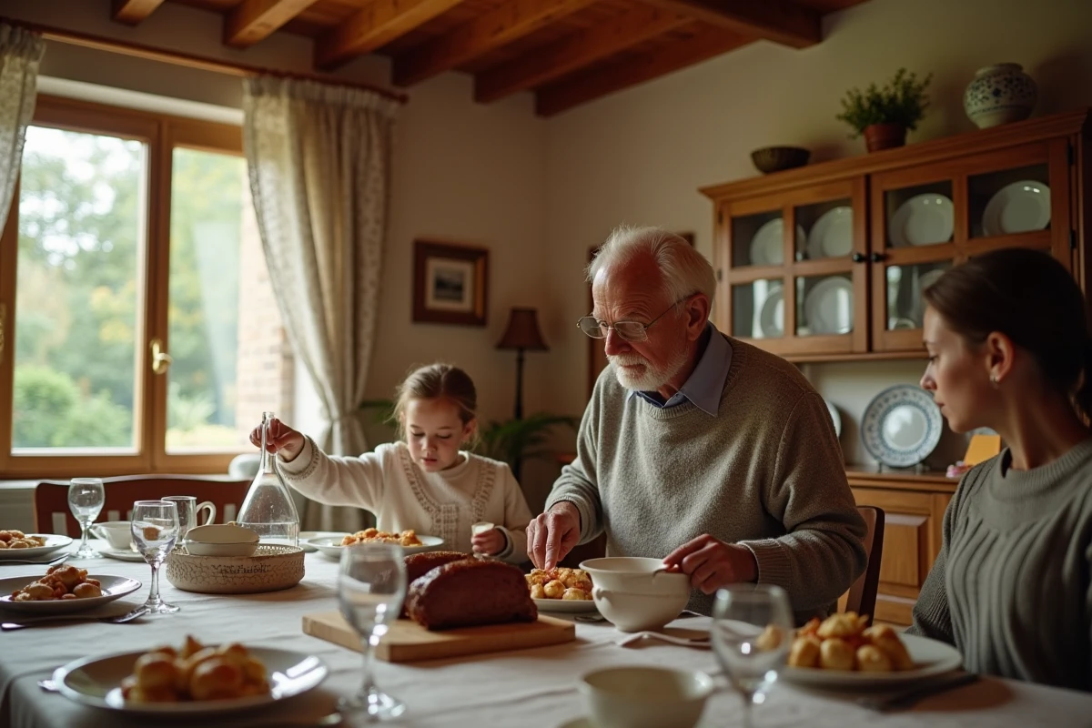 Repas de famille en Moselle pour un jour férié local, grand-père découpant un rôti entouré de ses proches dans une salle à manger traditionnelle lorraine