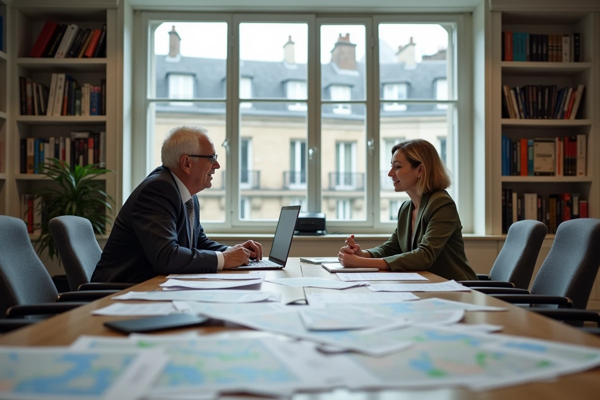 Réunion stratégique d'un couple politique dans un bureau parisien entouré de documents de campagne