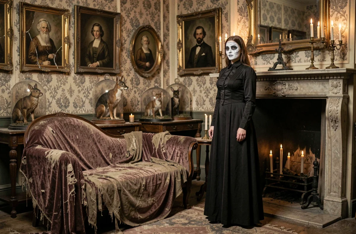 Actrice en costume victorien dans une salle décorée du Manoir de Paris avec accessoires funéraires