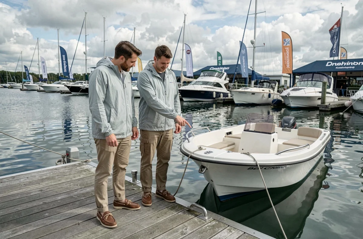 Couple de débutants en nautisme examinant un bateau à moteur lors d'un salon flottant en plein air