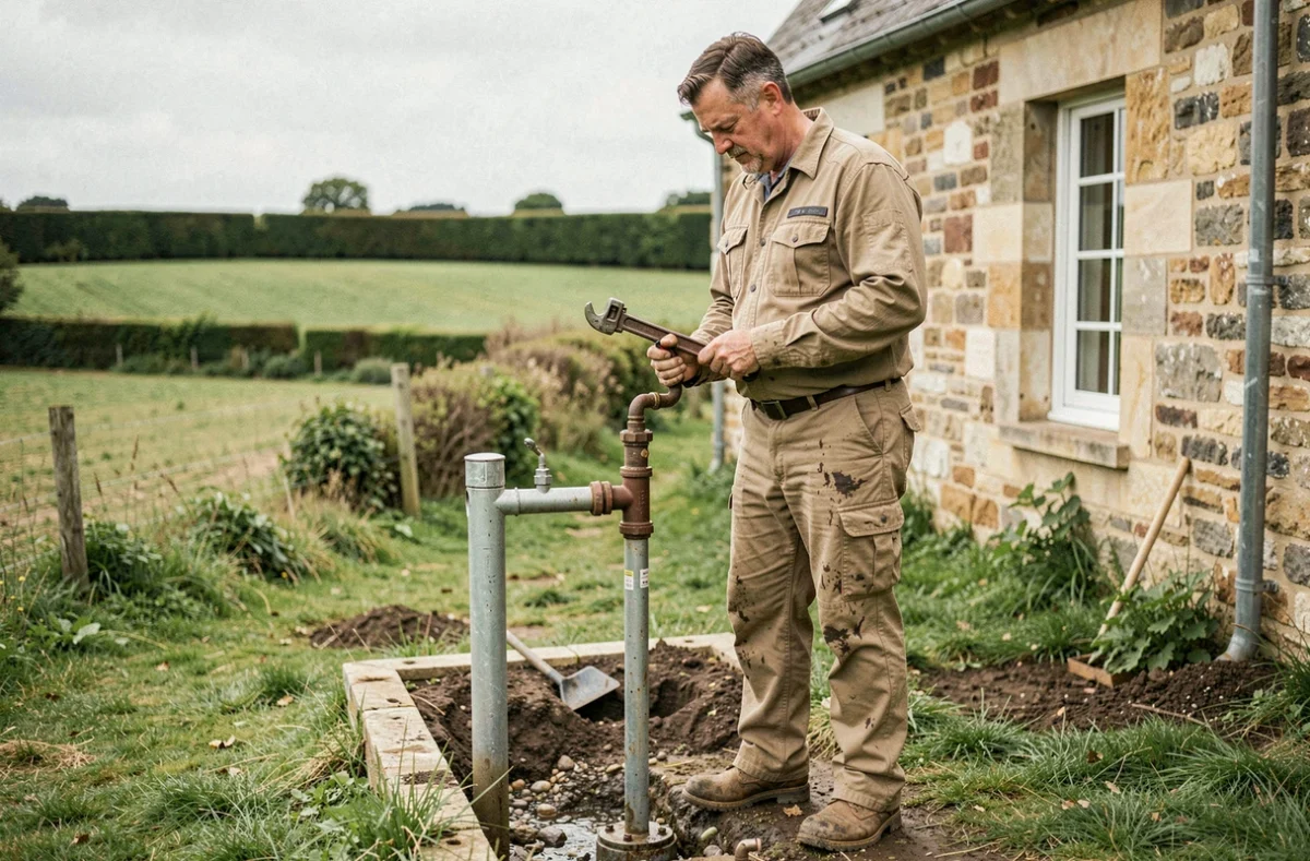 Plombier de la SARL Anthony Herpe intervenant sur une installation hydraulique rurale dans la campagne bretonne