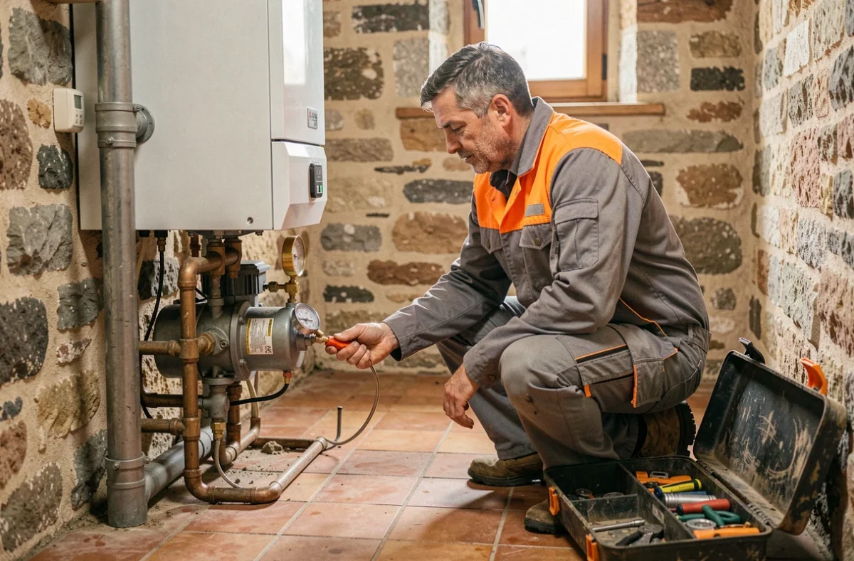 Spécialiste chauffage de la SARL Jalu Chauffage travaillant sur une chaudière à gaz à Saint-Méen-le-Grand