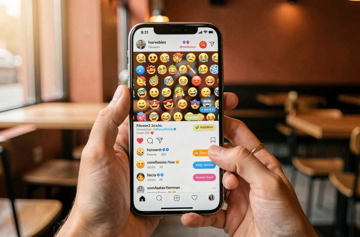 Gros plan sur un smartphone affichant le profil d'une influenceuse avec des notifications et des réactions d'abonnés