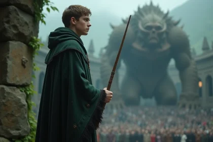 Jeune sorcier en robe sombre tenant une baguette magique face à un dragon invisible dans une arène de pierre brumeuse