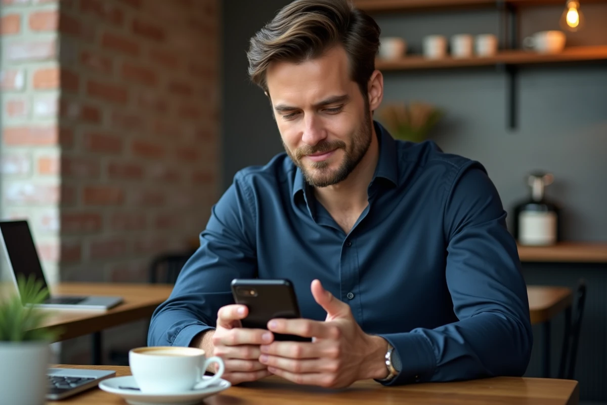 Homme parcourant des stories Instagram de façon anonyme dans un café urbain branché