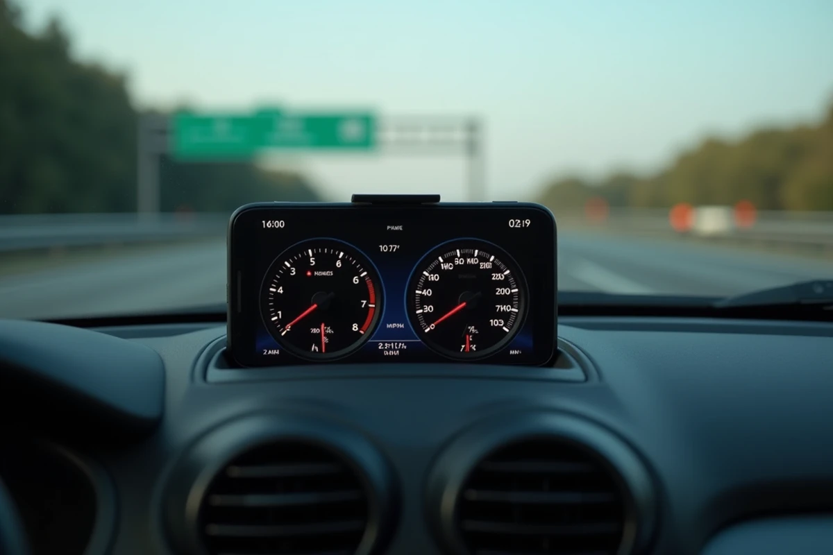 Tableau de bord de voiture avec compteur de vitesse double échelle km/h et mi/h et application de conversion ouverte