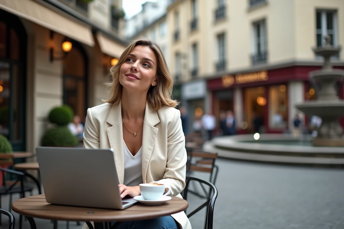 Femme trentenaire travaillant en télétravail depuis une terrasse de café parisienne avec vue sur une place animée de Paris