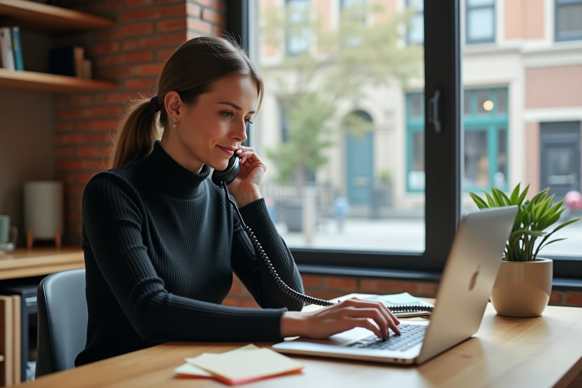 Femme professionnelle en télétravail passant un appel au service client Amazon Business depuis un bureau à domicile minimaliste avec vue urbaine