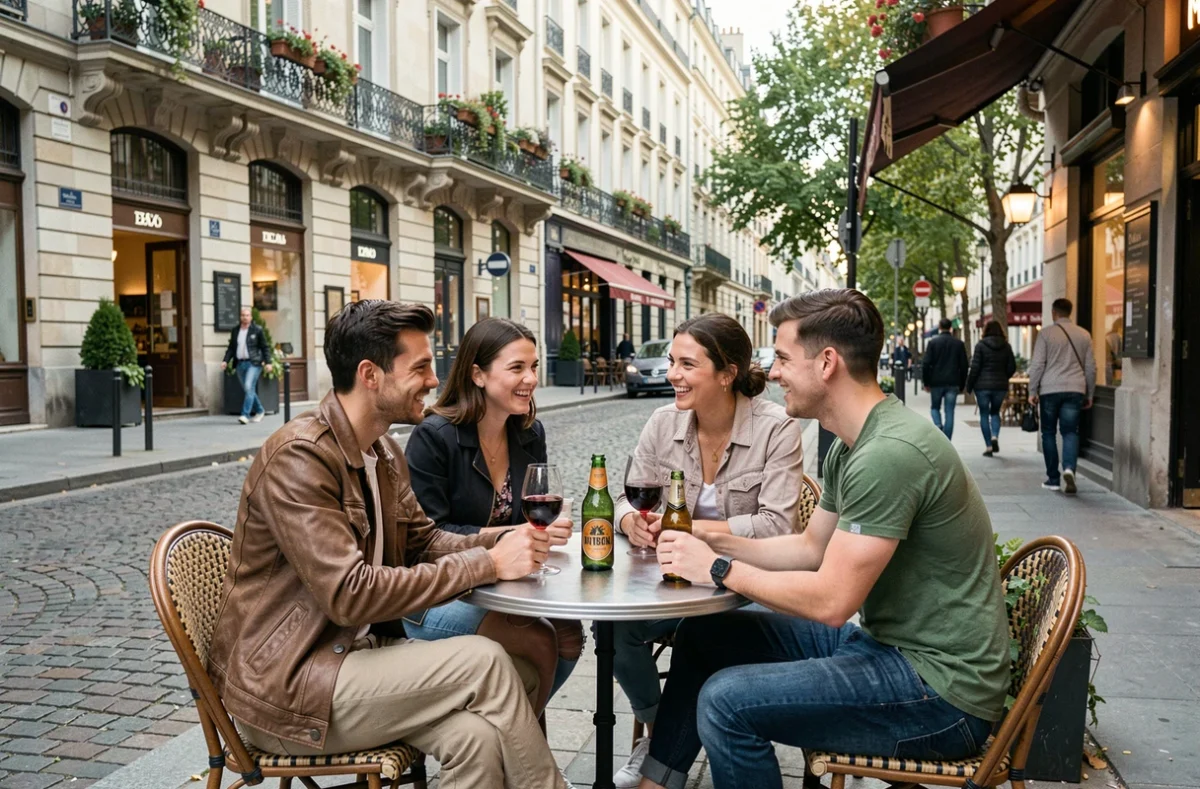 Groupe d'amis en terrasse d'un bar tendance de Châtelet à Paris, pavés et façades haussmanniennes en arrière-plan