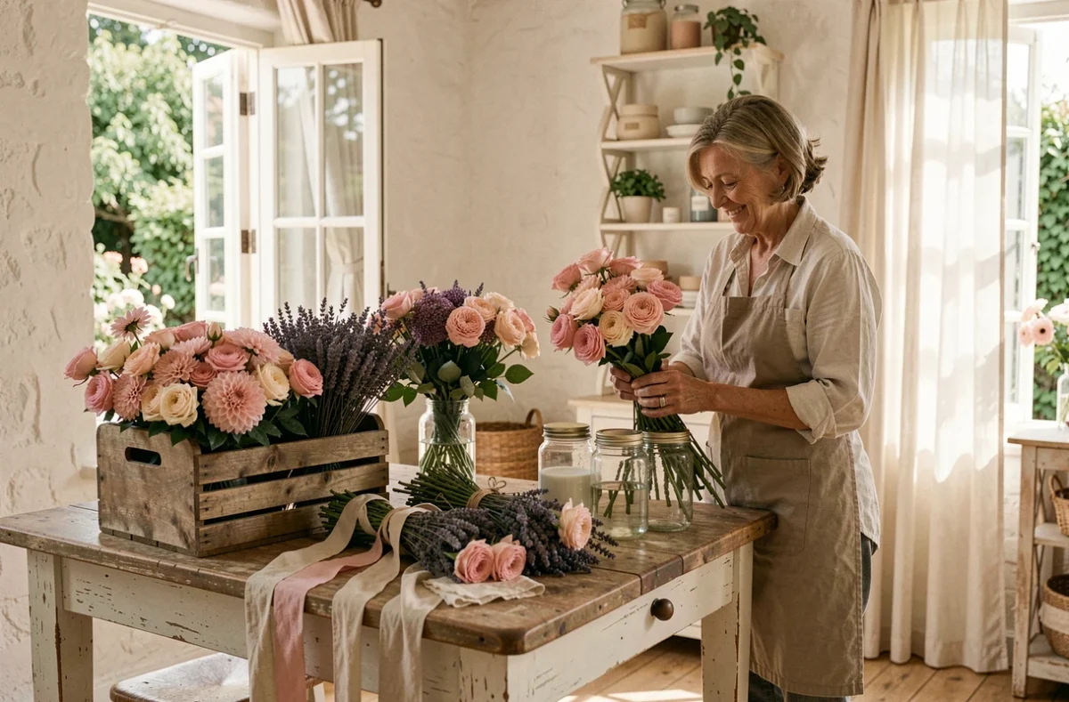 Boutique Un Été à la Campagne à Chantilly avec des fleurs champêtres dans des caisses en bois rustiques