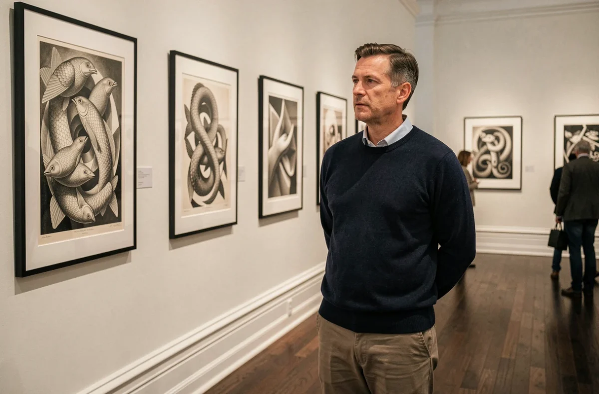 Visiteur admirant une œuvre d'Escher dans une salle de l'exposition à Toulouse