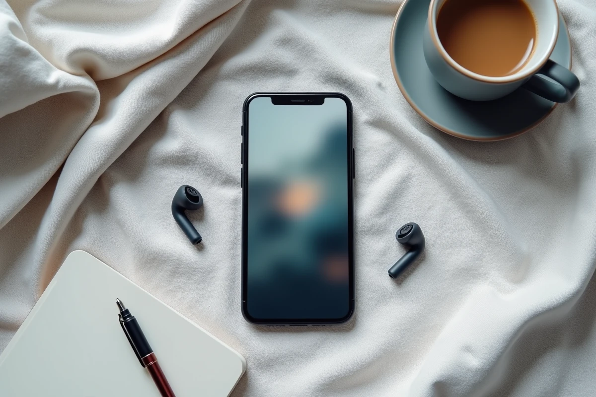 Vue aérienne d'un smartphone affichant des stories Instagram sur une surface en lin avec des accessoires minimalistes