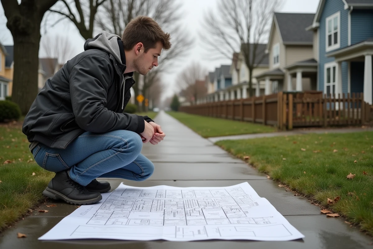 Jeune homme étudiant des plans de zonage devant des maisons
